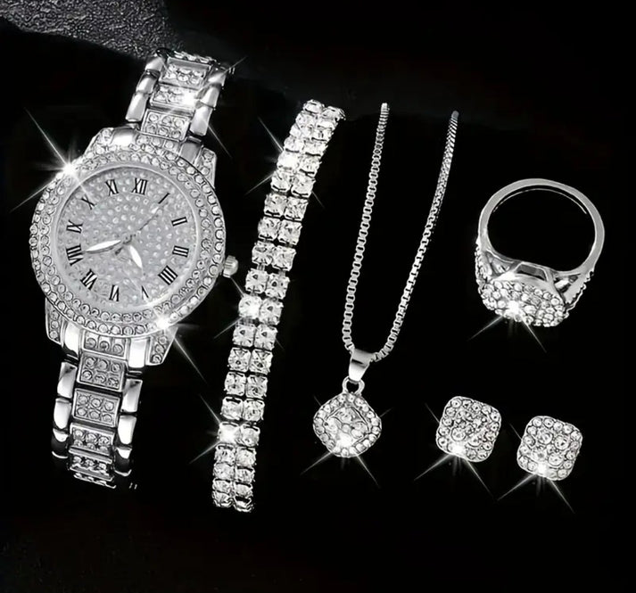 Women Gifting set Wrist Watch with Jewelery Earing Necklace Ring Bracelet