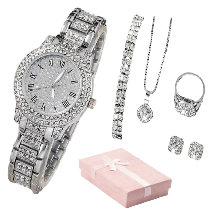 Women Gifting set Wrist Watch with Jewelery Earing Necklace Ring Bracelet