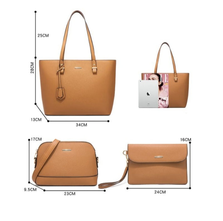 4 Piece Women Fashion Tote Handbag Shoulder Bag - Brown